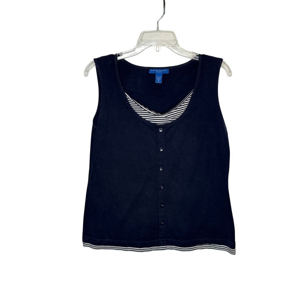 Karen Scott Sport Sz M Navy Blue Striped Details Collar Hem Sleeveless | GUC